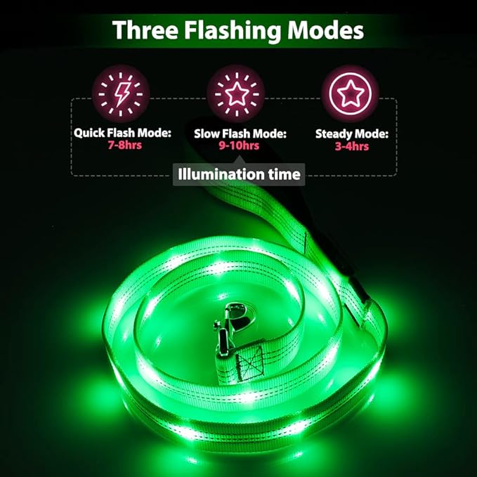 Candofly Light Up Dog Leash, Reachargeable Pet Leash with Light, 4 Ft Glowing Dog Rope Lead for Night Walking (Green)
