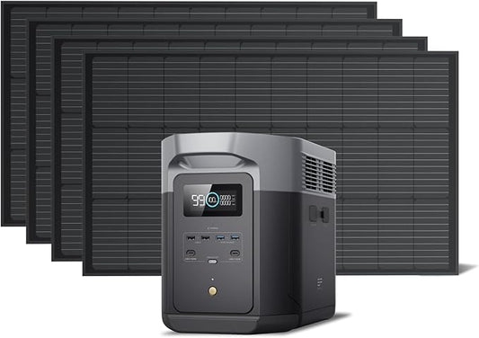EF ECOFLOW Solar Generator DELTA 2 Max 2048Wh with 4X100W 12V Solar Panels, High Efficiency Monocrystalline PV Modules, 2400W LFP Portable Power Station, AC + Solar Fast Dual Charging For Camping RV