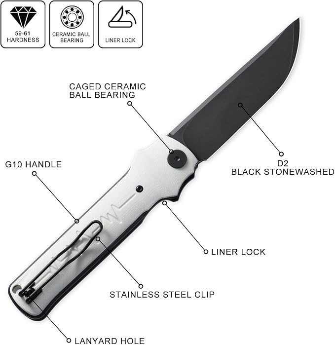 Petrified fish PFB04 Tena Folding Knife, 3.82" D2 Steel Black Stonewashed Blade G10 Handle Pocket Folding knife for EDC Camping Outdoor (White Black Stonewashed)