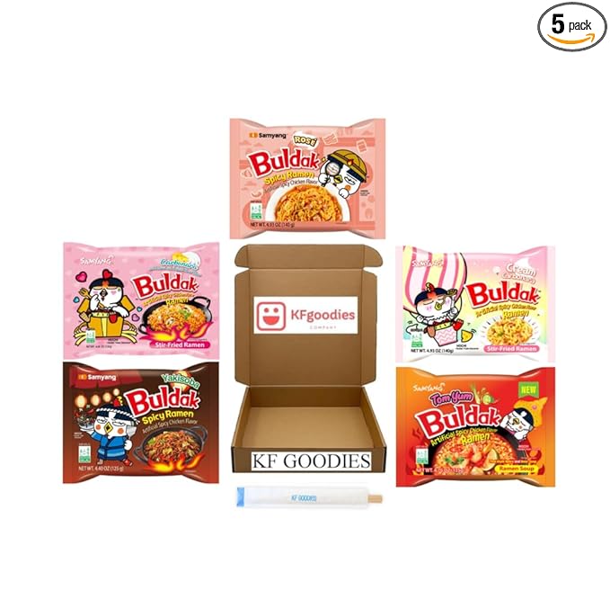 KF GOODIES Korean Ramen Variety Pack Gift Box (5 Count) – Spicy Buldak Noodle Assortment for Birthdays, College Care Packages, Office Snacks, and Gift Baskets