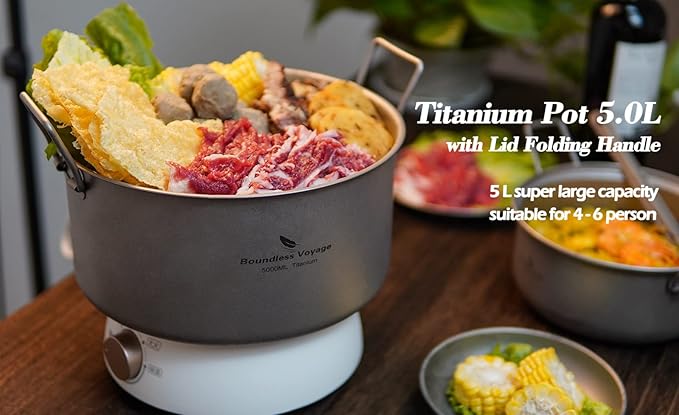 Boundless Voyage Outdoor Camping Titanium Pot 5.0L Stockpot with Lid Folding Handle Hiking Picnic Portable Big Capacity Soup Pot Home Kitchen