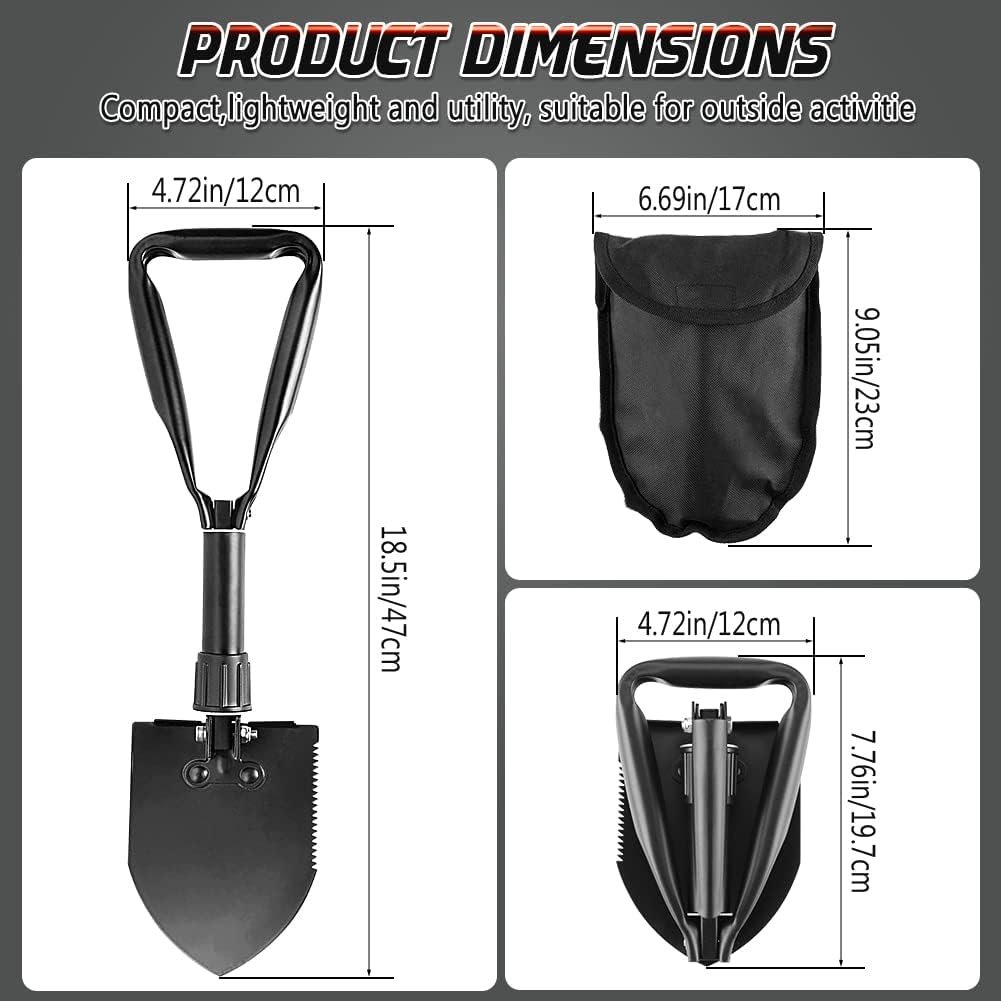 PLACHIDAY Camping Shovel Set, 3-in-1 Ultra-Light Aluminum Mini Shovel & 18.5'' Folding High Carbon