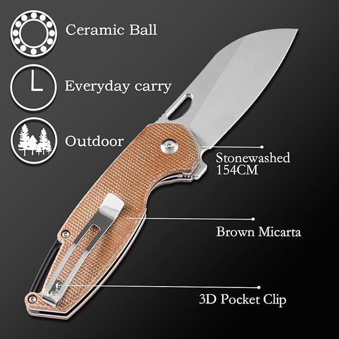 Kansept Model 6 Pocket Folding Knife EDC Camping Knife 3.1'' 154CM Material with Brown Micarta Handle Everyday Carry T1022A5