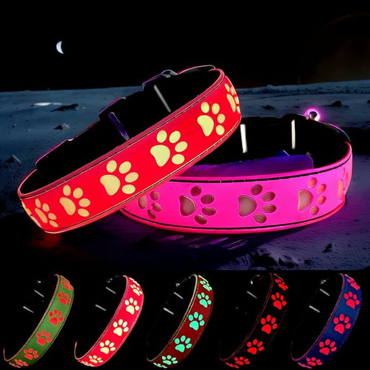 LED Light Up Dog Collar, USB-C Rechargeable, Multicolor Paw Print Design, 15 Modes Lighting Night Safety (Pink, XL(19.7-23.6"))