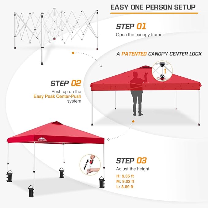 EAGLE PEAK Pop Up Canopy Tent with Wheeled Carry Bag, 8 Stakes, 4 Ropes, 4 Weight Bags, Easy Set Up Tent Canopy, 10x10 ft, 100sqft of Shade, Red