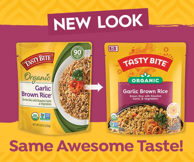 Tasty Bite Organic Brown Rice Garlic, 8.8 Ounce, Pack of 6, Ready to Eat, Microwavable, Gluten-Free Garlicky Rice