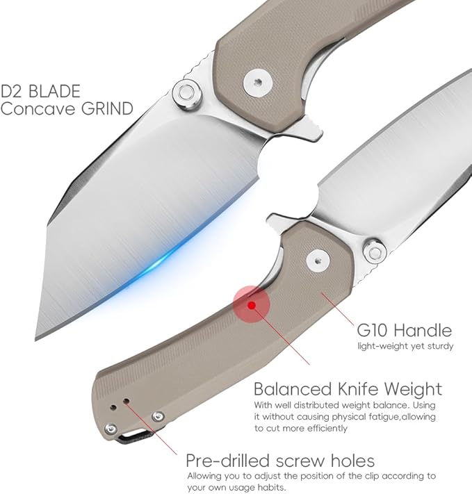 ioko Folding Pocket Knife, 3.5-Inch D2 Steel Blade, G10 Handle, EDC Camping Survival Knife with Clip (Brown)