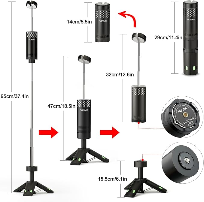 Camping Lights Rechargeable, Detachable Camping Lantern with Stand, Telescopic Waterproof Camp Lamp, Magnetic Work Hanging Light, LED Tent Flashlights for Emergency (Black- Upgraded)