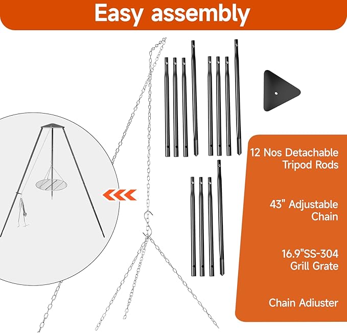 Campfire Tripod for Cooking, Campfire Cooking Equipment, Round Grill Grate with Adjustable Height for BBQ Picnic Outdoor Cookware Party & Collapsible Legs for Easy Storage