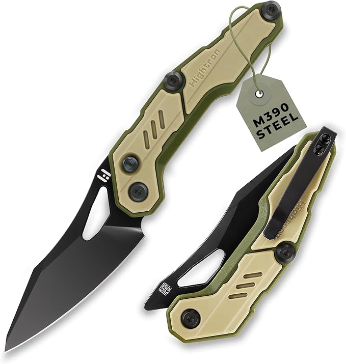 Hightron Spectron Folding Knife, 3.05" M390 Steel Blade and Nylon Fiber Handle, EDC Knives with Pocket Clip for Men Women Sharp Hiking Camping Survival Knife Khaki&Green