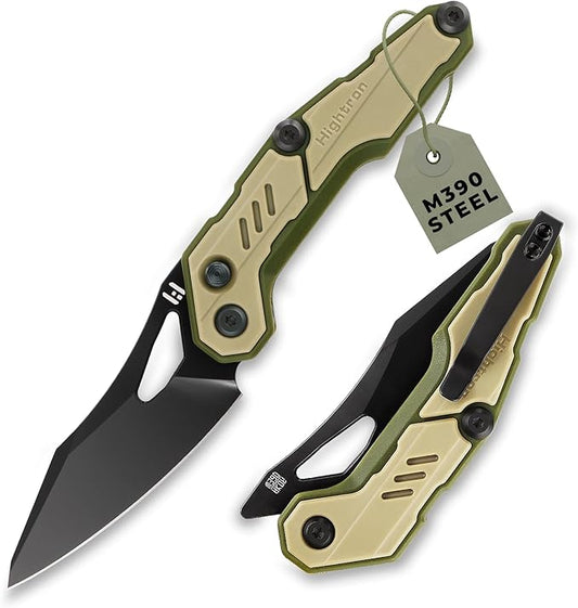 Hightron Spectron Folding Knife, 3.05" M390 Steel Blade and Nylon Fiber Handle, EDC Knives with Pocket Clip for Men Women Sharp Hiking Camping Survival Knife Khaki&Green