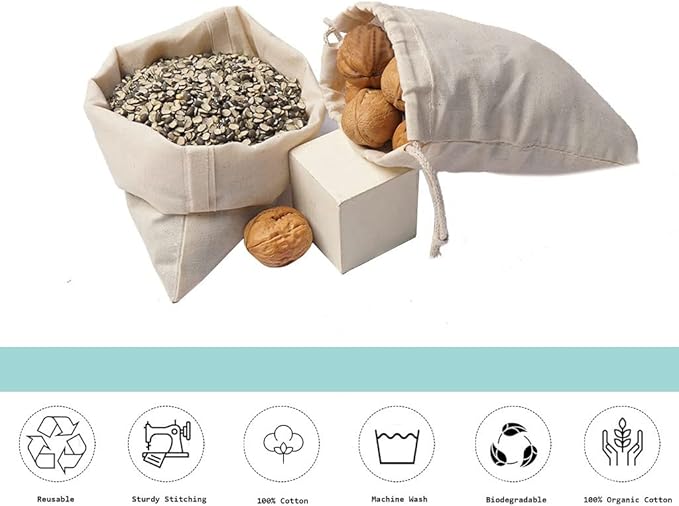 100Pcs 8 x 10 Inches Premium Cotton Muslin Double Drawstring Bags, Reusable Bag Natural Cotton Bags with Drawstring Produce Bags Bulk Gift Bag Jewelry Pouch for Party Wedding Home Storage