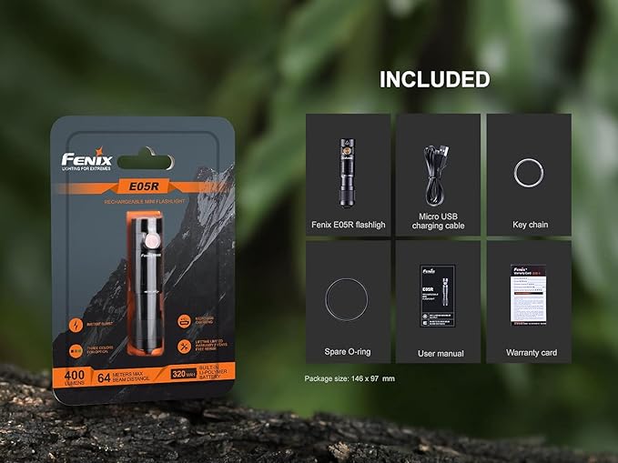 EdisonBright Fenix E05R 400 Lumen USB Rechargeable EDC Keychain Flashlight Charging Cable Carrying case (Black)