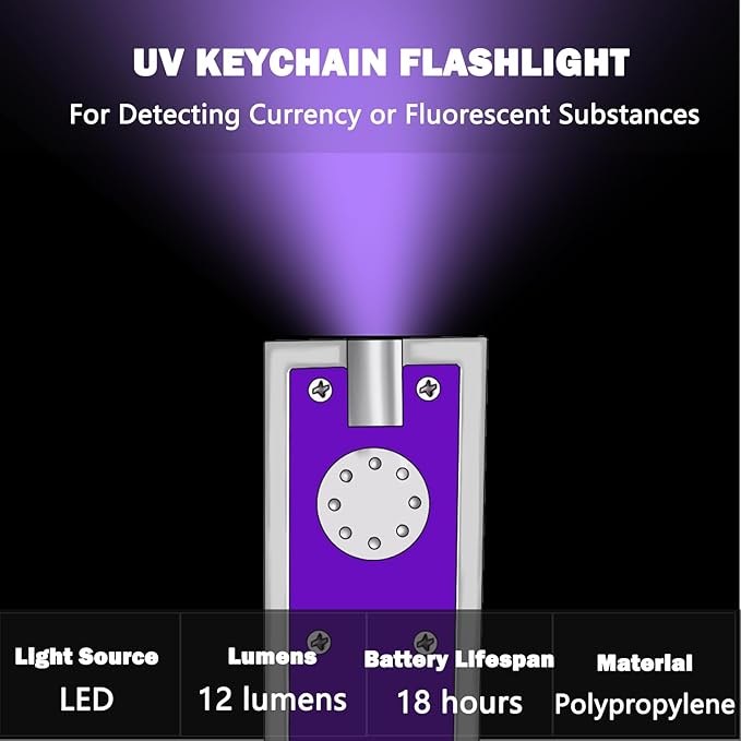 UV Keychain Flashlight, Compact Tiny Led Keychain Flashlight Set - 395nm Mini Black Lights for Currency, Scorpion Detection, Portable Illumination with Batteries (8 PCS)