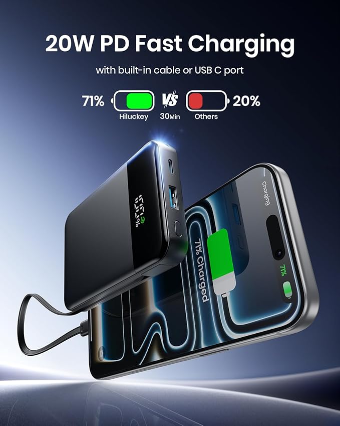 Hiluckey Magnetic Portable Charger Power Bank -10000mAh Ultra Slim 15W Wireless Phone Charger, 20W PD Fast Charging Battery Pack with Built-in Cable for Phone 16/15/14/13 Pro/Pro Max, Apple Watch