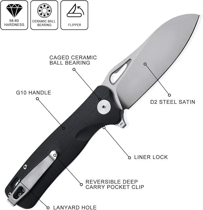 Petrified fish PF868 Bunta,3.35" D2 Satin Blade,146g G10 Handle Flipper Folding knife (Black G10, Satin)