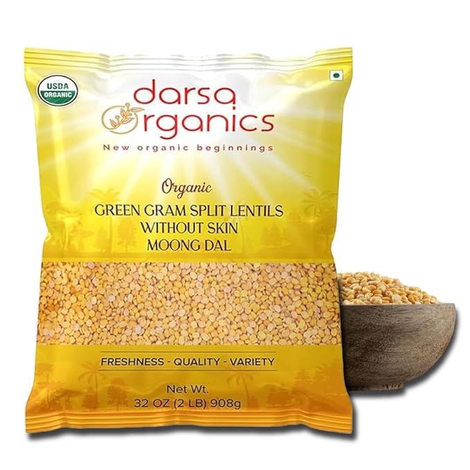Darsa Organics Yellow Moong Dal (Split Yellow Mung Beans) 2 lb - USDA Organic, Non-GMO, Chemical-Free, Kosher - Protein-Rich Yellow Lentils for Khichdi, Soups, Salads & Stews