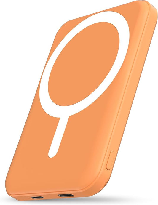 podoru for Magnetic Battery Pack, 5000mAh Magnetic Power Bank with Type-C Cable 20W PD Fast Charging Lighting Input Wireless Portable Charger for iPhone 17/16/15/14/13/12/ All Series-Orange