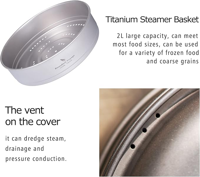 Boundless Voyage Titanium 4.5L Hanging Pot with Steaming Rack Folding Handle Outdoor Camping Cooking Stockpot Steamer Set