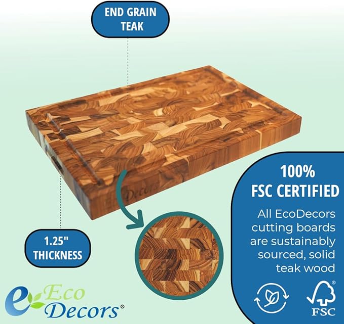 EcoDecors, FSC Teak End Grain Cutting Board 14x10, Compact Reversible Teakwood Cutting Board for Kitchen, Cheese & Charcuterie, Solid Wood Chopping Board with Natural Finish