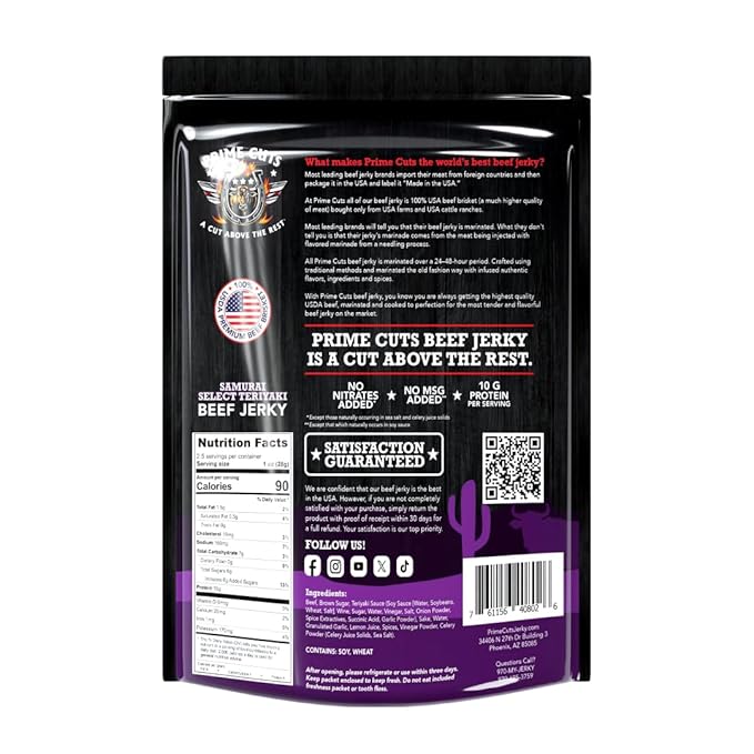 Prime Cuts Samurai Select Teriyaki Beef Jerky | USDA Prime Brisket | East-Meets-West Flavor Fusion | High-Protein, Low-Fat Snack | Savory-Sweet Teriyaki Taste