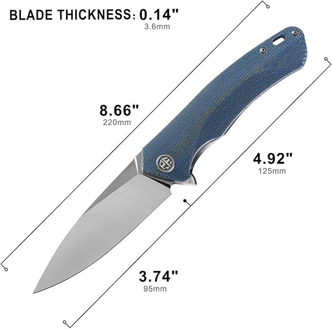 Petrified fish PF838 Folding Knife 3.74" D2 Steel Blade Micarta Handle Pocket Knife for Camping Outdoor EDC (Blue Micarta, Satin)