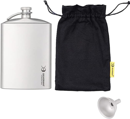 SILVERANT Titanium Hip Flask 248ml/8.73 fl oz, Ultralight Portable Leakproof Pocket Flask Flagon With Screw Cap Clip, Drawstring Cloth Case & Pouring Funnel