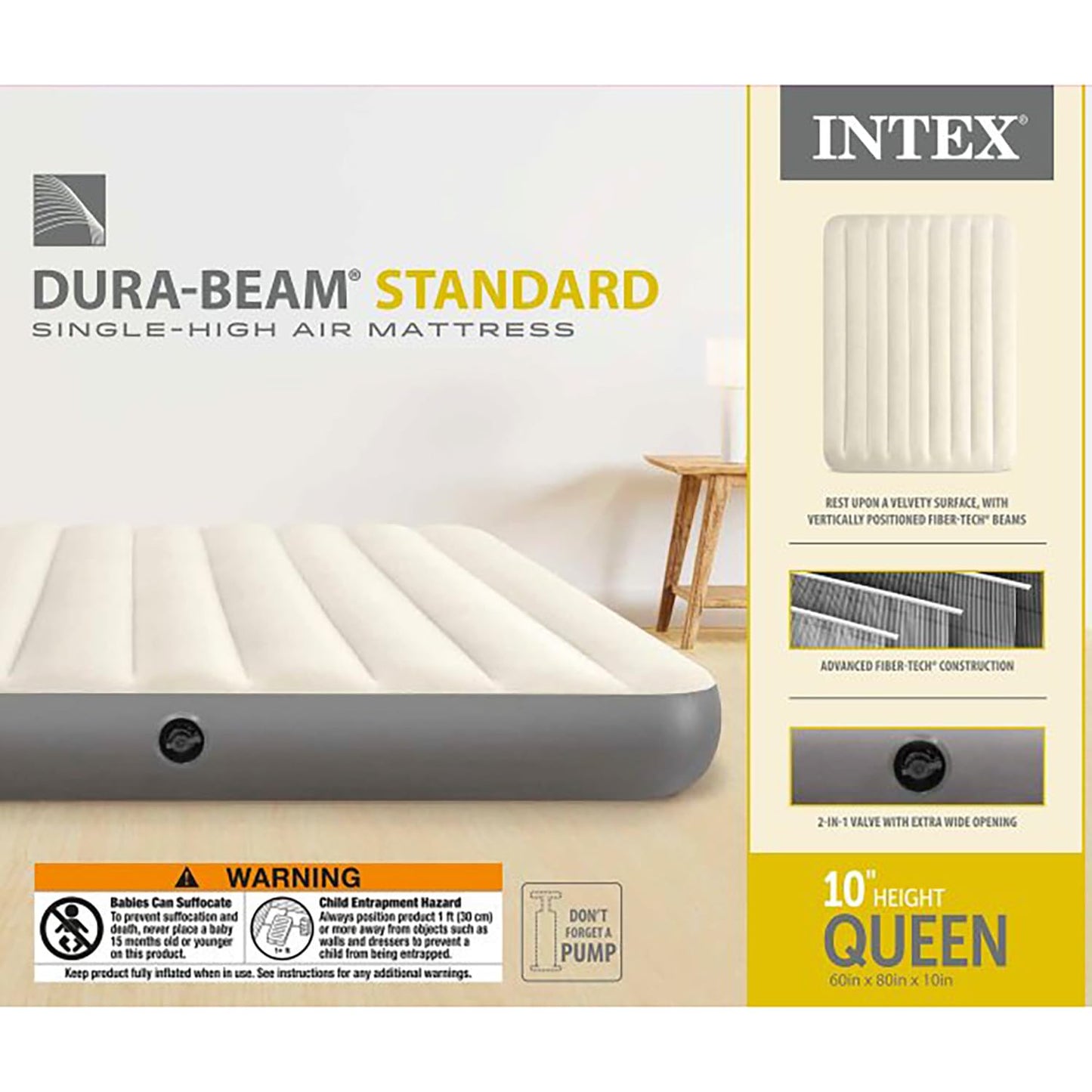 Intex 64103E Dura-Beam Standard Single-High Air Mattress: Fiber-Tech - Queen Size - 10in Bed Height