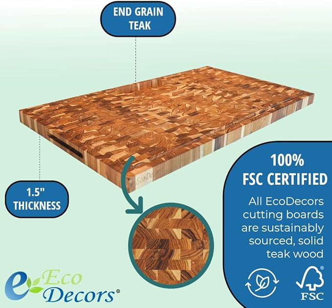 EcoDecors Extra Large Solid Teak Butcher Block 34"x20", End Grain Cutting Board with Juice Groove, Waste Slot, Handles, FSC Certified Carving Board for Stove-Top Prep