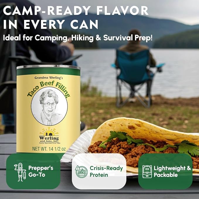 Werling & Sons Taco Beef Filling 14.5 Oz – Fully Cooked, Heat & Serve | Premium Shelf-Stable Canned Meat | For Everyday Meals, Emergency Food Storage, Camping, Survival, Prepping & Quick Meals | Made in USA | 5-Year Shelf Life | Pack of 6