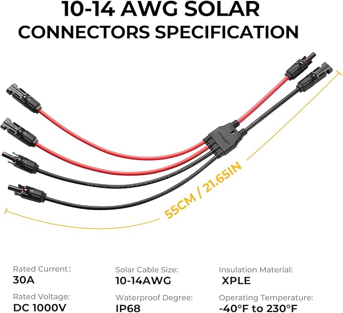 BougeRV Solar Parallel Connectors for 2 Solar Panels, 2 to 4 Y Branch 10AWG Adapter Splitter Cable Wire Plug PV Tool Kit, Waterproof (MFF/FMM)