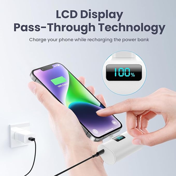 [2 Pack] Mini Portable Charger 5200mAh for iPhone, 20W PD Fast Charging Power Bank, Ultra-Compact Battery Pack LCD Display Portable Phone Charger for iPhone 14/13/12/11/X/8/7/6-Pure White+Dark Black