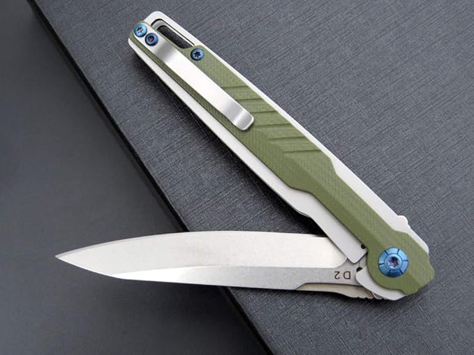 Eafengrow EF942 EDC Folding Knife, D2 Steel Blade Titanium Plating & G10 Handle,Pocket Clip with Frame Lock EDC Pocket Flipper Knife for Camping Hiking Survival Outdoor(Green)