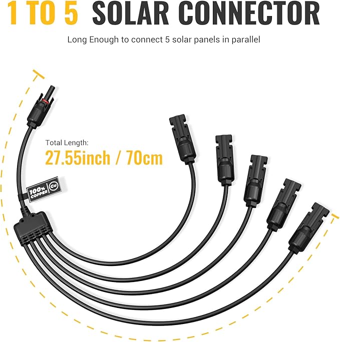 BougeRV Solar Y Connector Solar Panel Parallel Connectors Extra Long 1 to 5 Solar Branch PV Adapter Cable Wire Plug Tool Kit (M/FFFFF and F/Mmmmm)