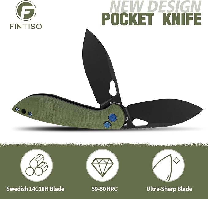 FINTISO Pocket Knife, 3.1" Premium 14C28N Blade Folding Knife with Button Lock, EDC Knife with G10 Handle for Camping, Hunting, Survival, Best Gift for Men Women