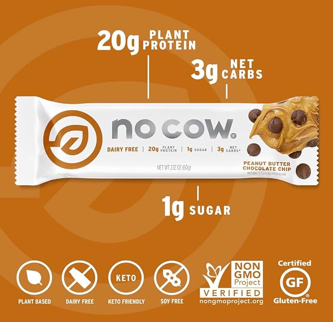 No Cow Vegan Protein Bars, Upgraded Peanut Butter Variety Pack | 20g Plant Based Protein, Gluten Free, Dairy Free, Soy Free, Keto Friendly, Low Sugar, High Fiber Snack Bars | Pack of 12