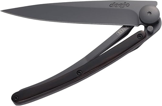 Deejo Ultra Lightweight Folding Pocket Knife with Belt Clip - Ebony Version 1.3 oz - Fine, Sharp Blade - Black Titanium Coating Stainless Steel - Elegant and Modern Design