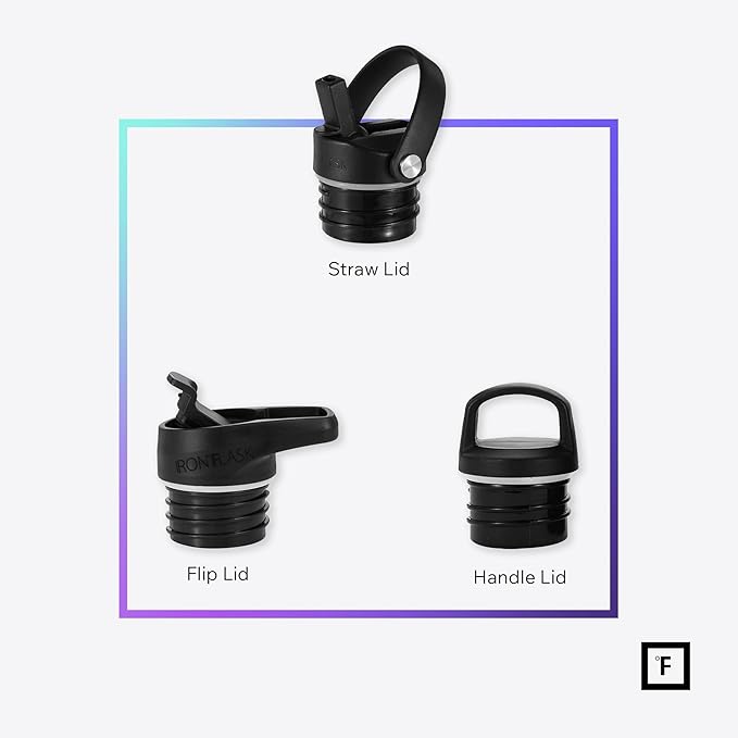 IRON °FLASK Camping & Hiking Hydration Canteens - 3 Lids (Narrow Straw Lid) Leak Proof Vacuum Insulated Stainless Steel - Hot & Cold Double Walled Sports Water Bottle - Midnight Black, 24 Oz