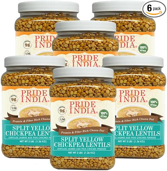 Pride Of India - PACK of 6 - Indian Split Yellow Chickpea Lentils - Protein & Fiber Rich Chana Dal, 3 Pound Jar