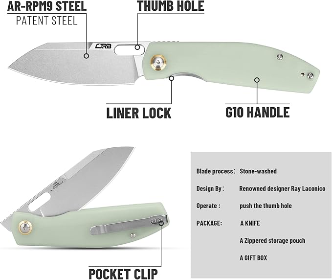 CJRB Pocket EDC Knife - Ekko(J1929) Small Folding Knife AR-RPM9 Steel Blade and Natural Green G10 Outdoor for Men Women for Gifts