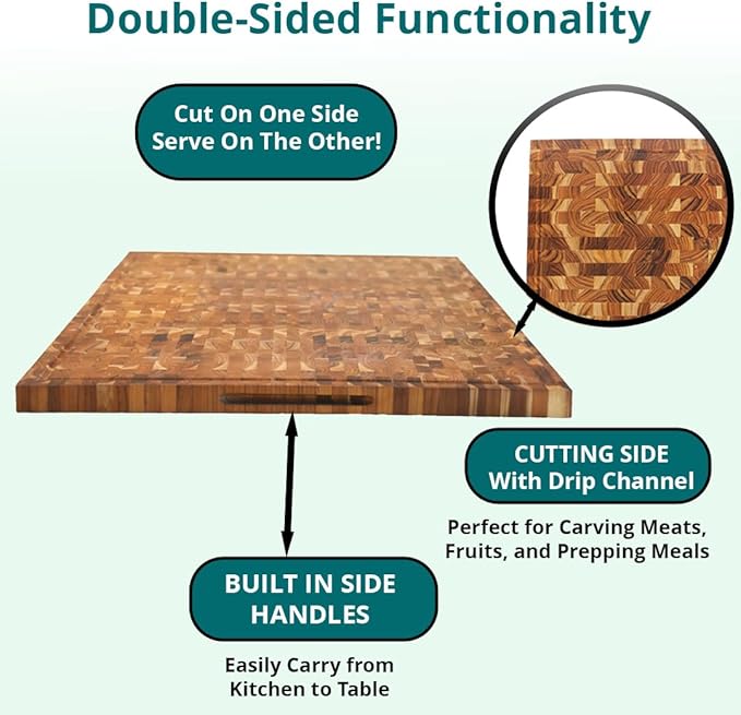 EcoDecors FSC Certified Solid Teak Cutting Board 40x28, XL Reversible End Grain Butcher Block for Kitchen, BBQ & Carving, Heavy Duty Wood Board