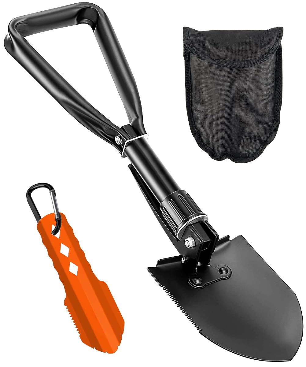 PLACHIDAY Camping Shovel Set, 3-in-1 Ultra-Light Aluminum Mini Shovel & 18.5'' Folding High Carbon