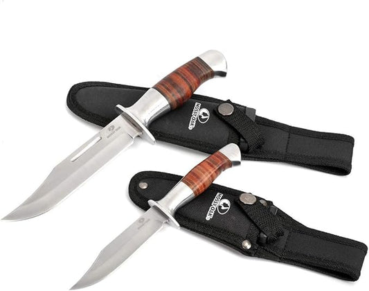 Mossy Oak Fixed Blade Bowie Knife, 2-piece Hunting Knife with Leather Handle Featuring Laser Pattern, Sheath Included