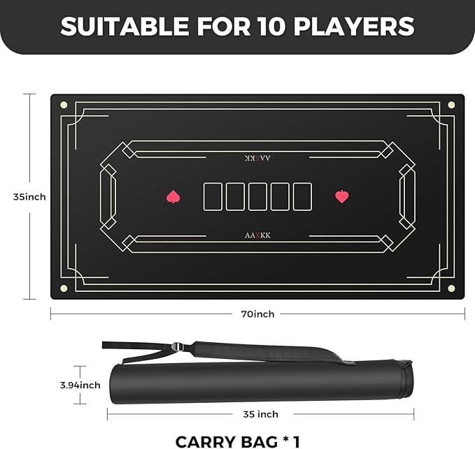 70 x 35 Inch 6-10 Person Black Texas Hold'em Poker Mat Portable Poker Table Tops Cards Game Mat Pad Topper Waterproof, Easily Clean & Glide Over, Anti-Slip, Odorless with Storage Bag