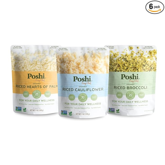POSHI Riced Vegetables Variety Pack | Ready to Eat, All Natural, Non GMO, Low Calorie + Carb, Gluten Free, Vegetable Rice, Fully Cooked, Meals, On The Go, Plant-Based, Healthy, Veggies (7oz, 6 Pack)