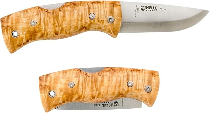 HELLE Knives - Nipa - Mid-Size Folding Knife - 2.72" Stainless Steel Blade with Hand-Sanded Curly Birch Handle - EDC Pocket Knife with Clip - Made in Norway
