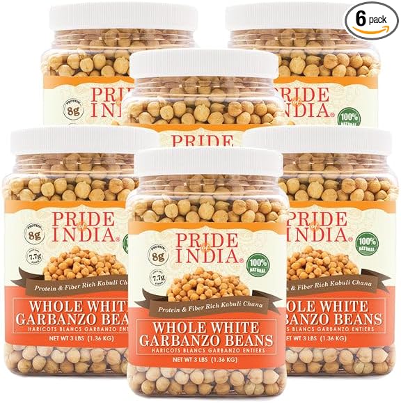 Pride Of India - PACK of 6 - Indian Whole White Garbanzo Beans 10mm - Protein & Fiber Rich Kabuli Chana, 3 Pound Jar