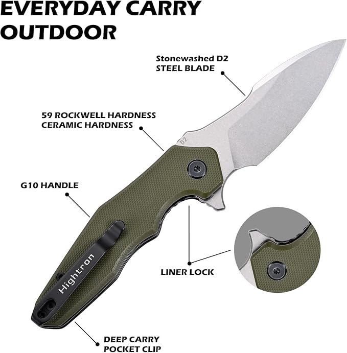 Hightron Mini Ventura EDC Pocket Knife, 2.85" Stonewashed D2 Steel Blade G10 Handle with Pocket Clip, Liner Lock Knife for EDC Camping Survival Hiking Unisex Green-W