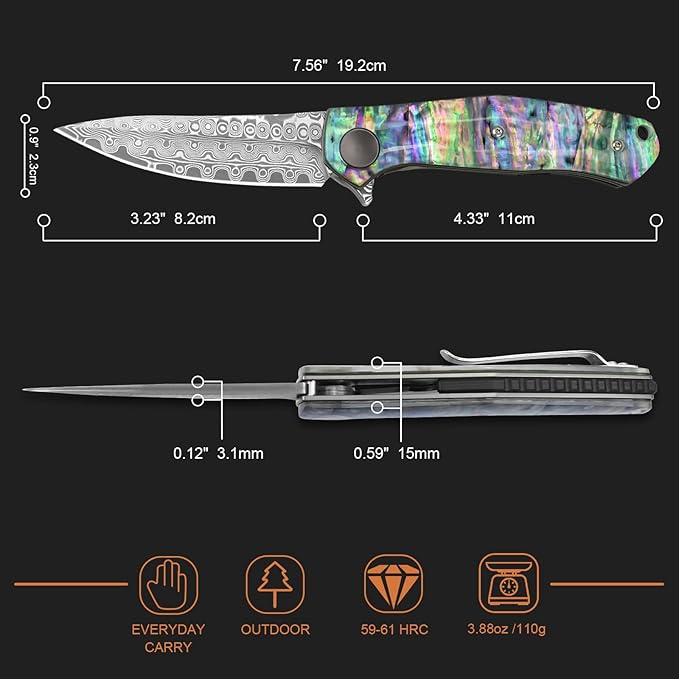AUBEY Damascus Pocket Knife for Women Men, Sharp 3.23" Damascus Steel Blade Knife with Clip, EDC Hunting Knives with Abalone Shell Handle, Gift for Camping Outdoor