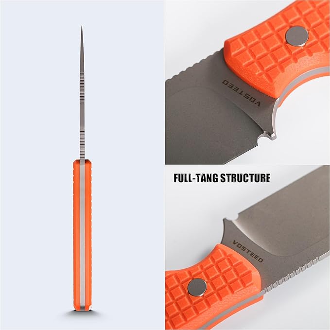 Vosteed Mink EDC Fixed Blade Knife - 3.33?™â€?Nitro-V Dual Jimping Blade with Sheath, Full-Tang Orange Handle, Great for Outdoor Camping - D0105